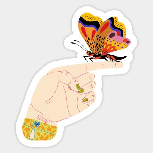 Butterfly on a finger Sticker by ezrawsmith